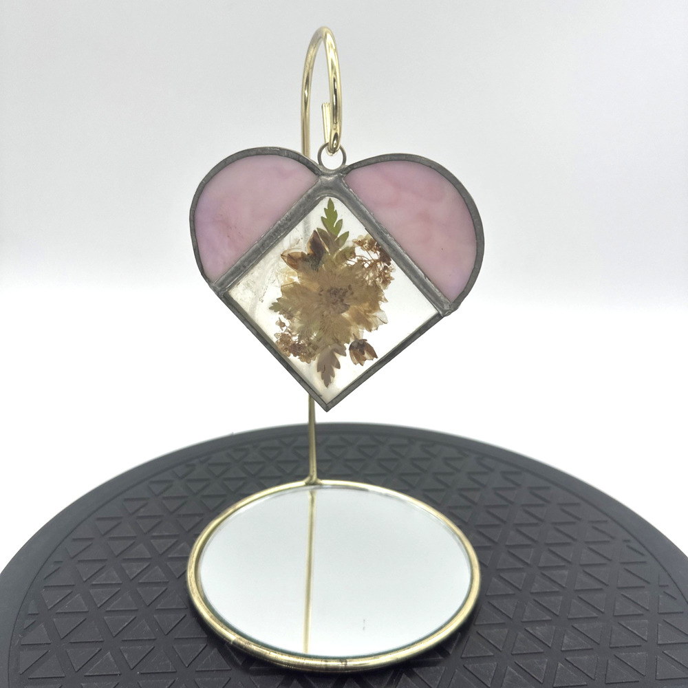 Heart Stained Dried Flowers On Mirror Stand Glass Suncatcher